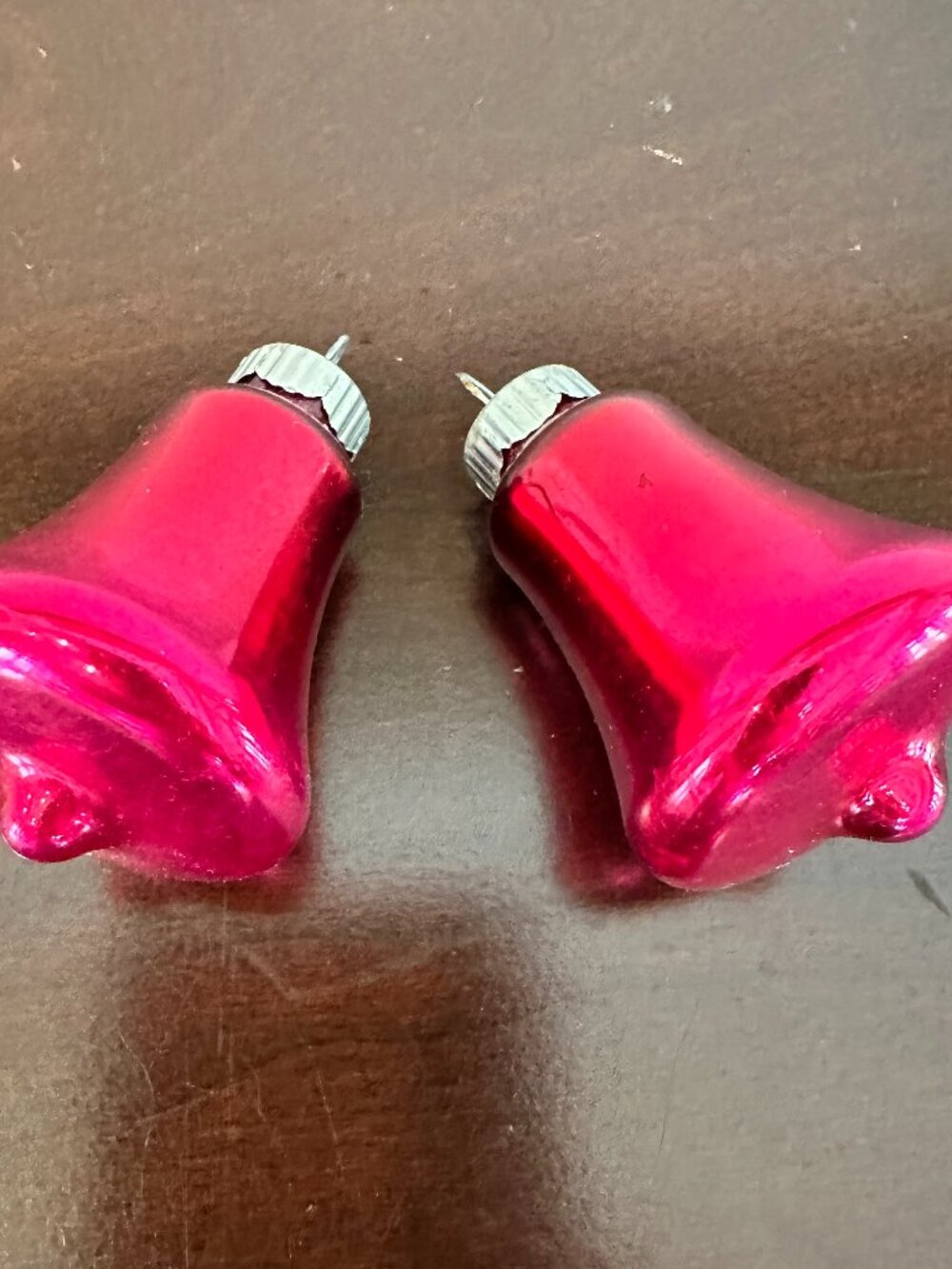 Shiny Brite Ornaments set of 2 Glass Vintage Christmas Bells 2" X 1.5" Pink-Red